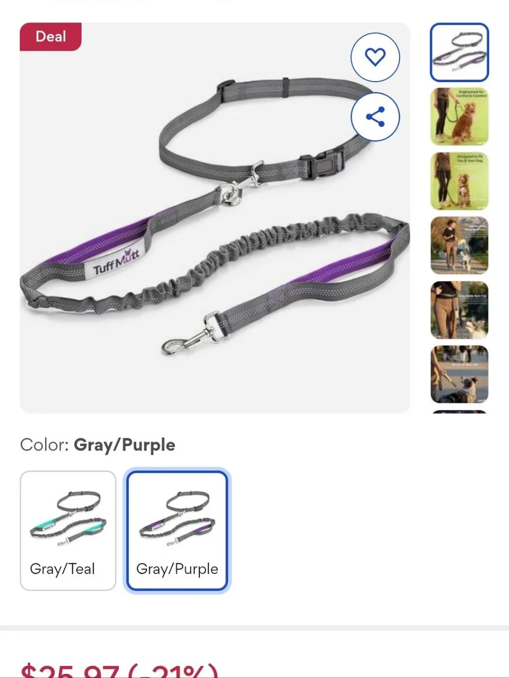 Tuff Mutt Hands-Free Bungee Dog Leash Gray Purple Running Hiking